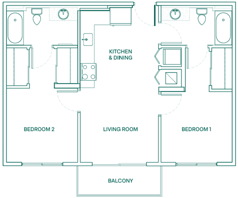 Floor plan for 2 beds, 2 baths, 850 sqft